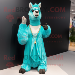 Turquoise Llama mascot costume character dressed with a Evening Gown and Bracelets
