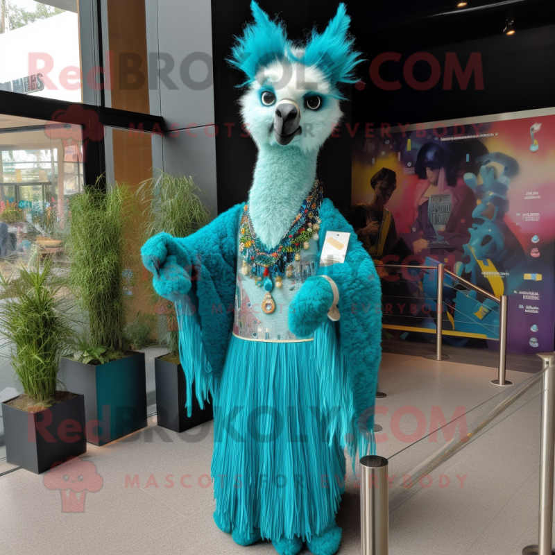 Turquoise Llama mascot costume character dressed with a Evening Gown and Bracelets