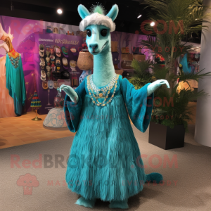 Turquoise Llama mascot costume character dressed with a Evening Gown and Bracelets