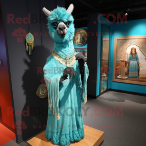 Turquoise Llama mascot costume character dressed with a Evening Gown and Bracelets