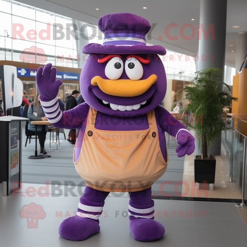 Purple Hamburger mascot costume character dressed with a Dungarees and Shoe clips Purple Hamburger mascot costume character dressed with a Dungarees and Shoe clips