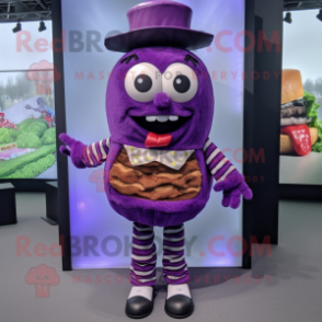 Purple Hamburger mascot costume character dressed with a Dungarees and Shoe clips