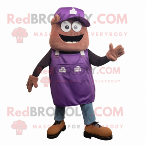 Purple Hamburger mascot costume character dressed with a Dungarees and Shoe clips