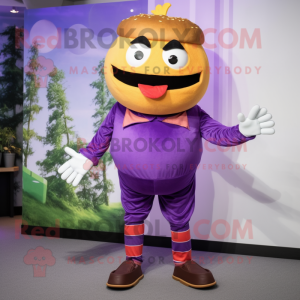 Purple Hamburger mascot costume character dressed with a Dungarees and Shoe clips