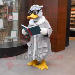Silver Muscovy Duck mascot costume character dressed with a Parka and Reading glasses