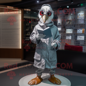 Silver Muscovy Duck mascot costume character dressed with a Parka and Reading glasses