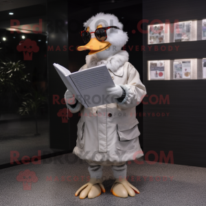 Silver Muscovy Duck mascot costume character dressed with a Parka and Reading glasses