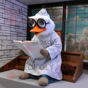 Silver Muscovy Duck mascot costume character dressed with a Parka and Reading glasses