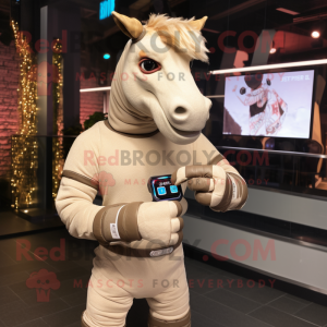 Beige Quagga mascot costume character dressed with a Sweater and Digital watches