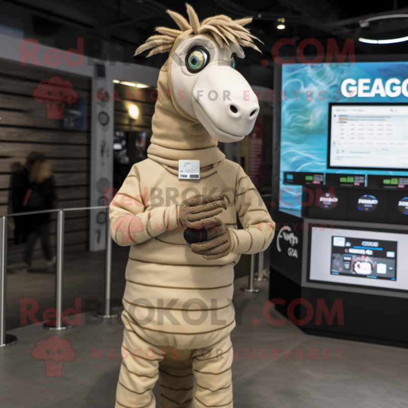 Beige Quagga mascot costume character dressed with a Sweater and Digital watches