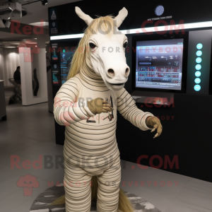 Beige Quagga mascot costume character dressed with a Sweater and Digital watches