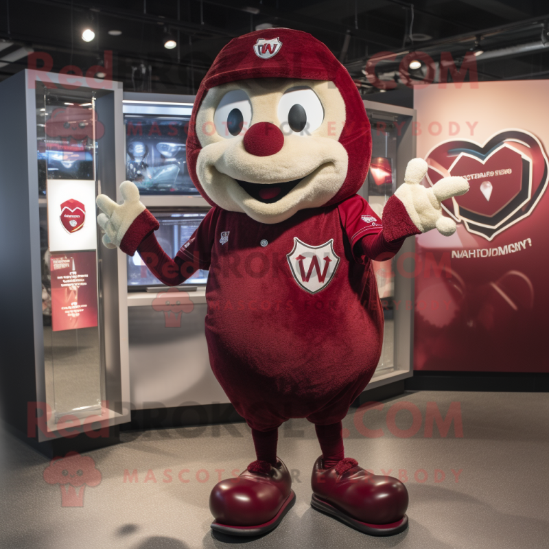 Maroon Heart mascot costume character dressed with a Baseball Tee and Smartwatches Maroon Heart mascot costume character dressed with a Baseball Tee and Smartwatches
