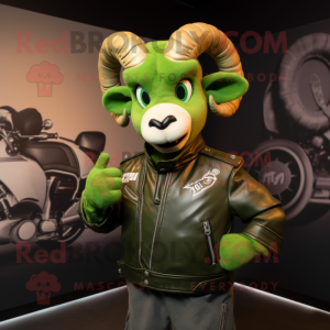 Green Ram mascot costume character dressed with a Moto Jacket and Bow ties