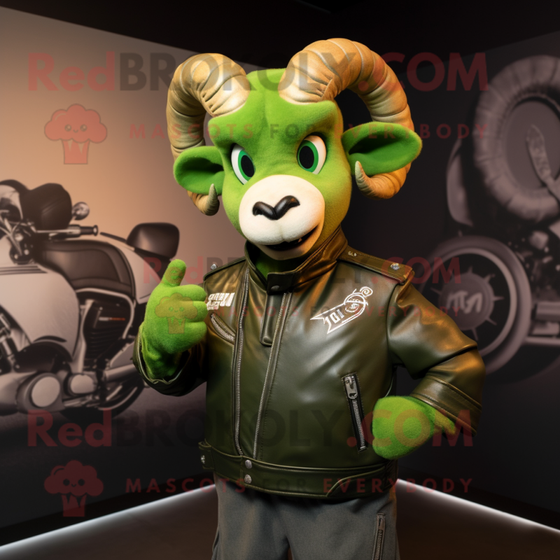 Green Ram mascot costume character dressed with a Moto Jacket and Bow ties Green Ram mascot costume character dressed with a Moto Jacket and Bow ties
