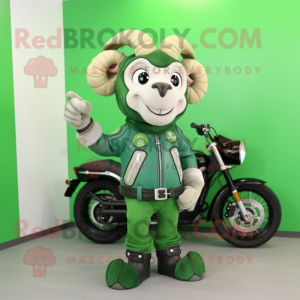 Green Ram mascot costume character dressed with a Moto Jacket and Bow ties