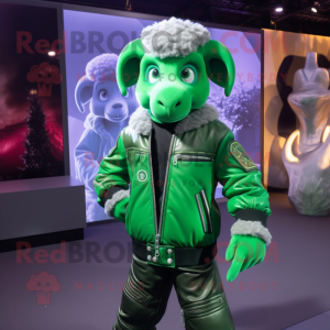 Green Ram mascot costume character dressed with a Moto Jacket and Bow ties