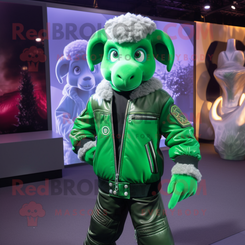 Green Ram mascot costume character dressed with a Moto Jacket and Bow ties Green Ram mascot costume character dressed with a Moto Jacket and Bow ties