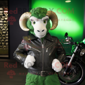 Green Ram mascot costume character dressed with a Moto Jacket and Bow ties