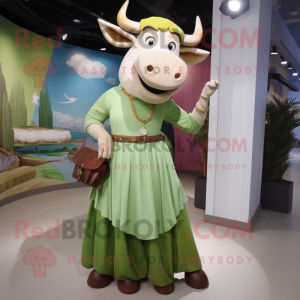 Olive Bull mascot costume character dressed with a Maxi Skirt and Handbags