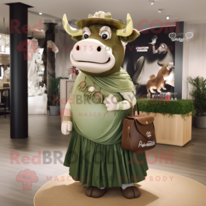 Olive Bull mascot costume character dressed with a Maxi Skirt and Handbags