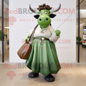 Olive Bull mascot costume character dressed with a Maxi Skirt and Handbags
