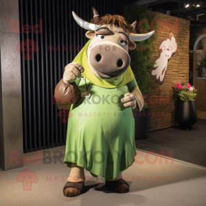 Olive Bull mascot costume character dressed with a Maxi Skirt and Handbags