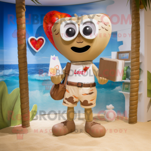 Tan Love Letter mascot costume character dressed with a Board Shorts and Handbags