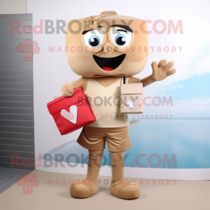 Tan Love Letter mascot costume character dressed with a Board Shorts and Handbags