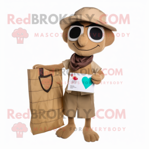Tan Love Letter mascot costume character dressed with a Board Shorts and Handbags