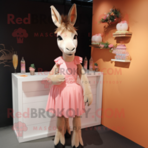 Peach Donkey mascot costume character dressed with a Cocktail Dress and Hair clips