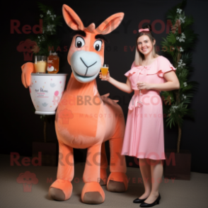 Peach Donkey mascot costume character dressed with a Cocktail Dress and Hair clips