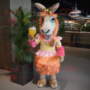 Peach Donkey mascot costume character dressed with a Cocktail Dress and Hair clips