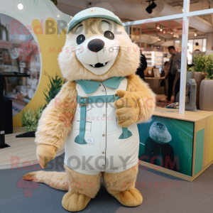 Cream Marmot mascot costume character dressed with a Jumpsuit and Hairpins