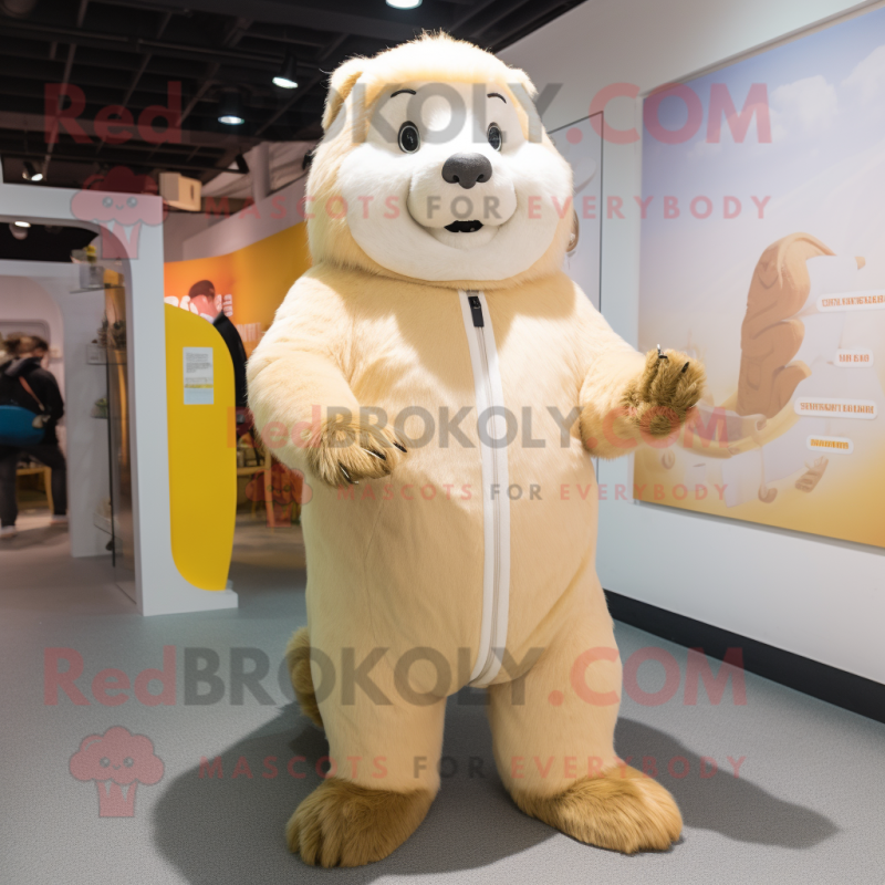 Cream Marmot mascot costume character dressed with a Jumpsuit and Hairpins Cream Marmot mascot costume character dressed with a Jumpsuit and Hairpins