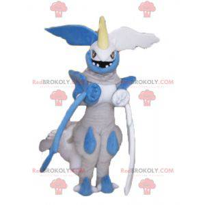 Blue and white gray dragon mascot looking fierce -