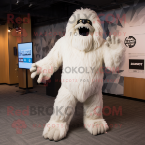 White Sasquatch mascot costume character dressed with a Blazer and Mittens