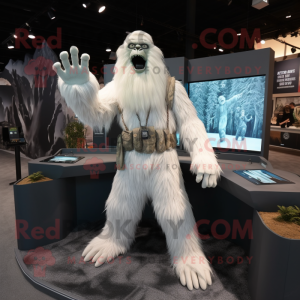 White Sasquatch mascot costume character dressed with a Blazer and Mittens