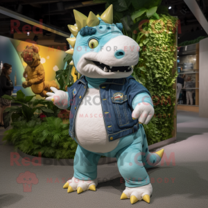 White Ankylosaurus mascot costume character dressed with a Jeans and Watches