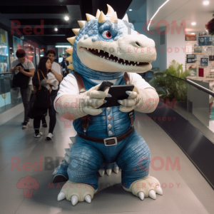 White Ankylosaurus mascot costume character dressed with a Jeans and Watches