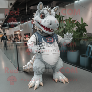 White Ankylosaurus mascot costume character dressed with a Jeans and Watches