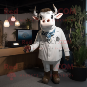 White Cow mascot costume character dressed with a Oxford Shirt and Ties