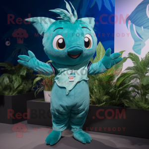 Teal Tuna mascot costume character dressed with a V-Neck Tee and Hair clips