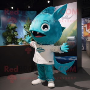 Teal Tuna mascot costume character dressed with a V-Neck Tee and Hair clips