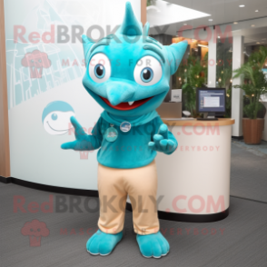 Teal Tuna mascot costume character dressed with a V-Neck Tee and Hair clips