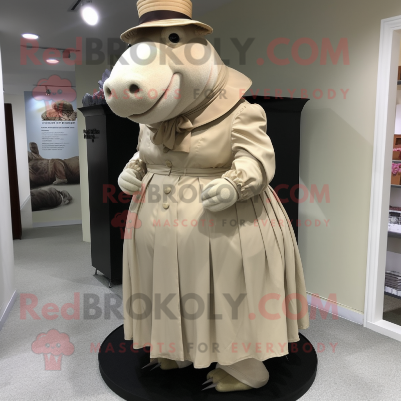 Beige Hippopotamus mascot costume character dressed with a Pleated Skirt and Hat pins Beige Hippopotamus mascot costume character dressed with a Pleated Skirt and Hat pins