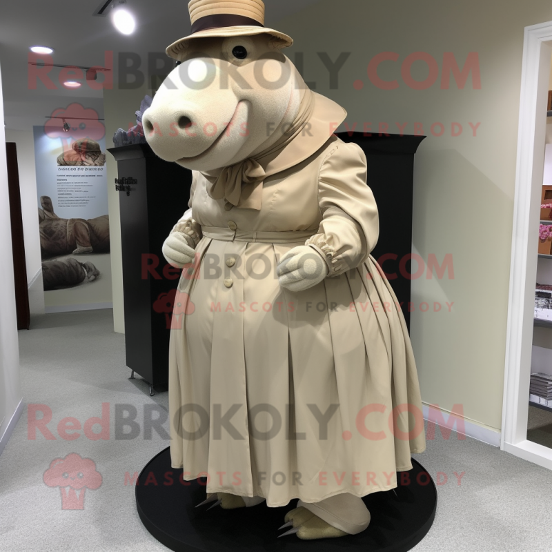 Beige Hippopotamus mascot costume character dressed with a Pleated Skirt and Hat pins