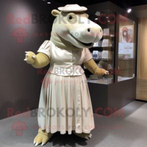 Beige Hippopotamus mascot costume character dressed with a Pleated Skirt and Hat pins