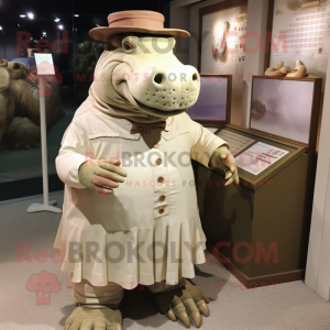 Beige Hippopotamus mascot costume character dressed with a Pleated Skirt and Hat pins