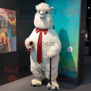 White Alpaca mascot costume character dressed with a Bermuda Shorts and Bow ties