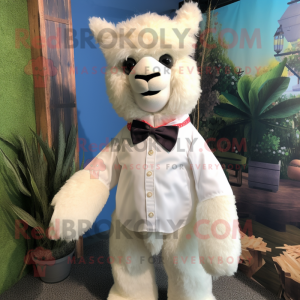 White Alpaca mascot costume character dressed with a Bermuda Shorts and Bow ties